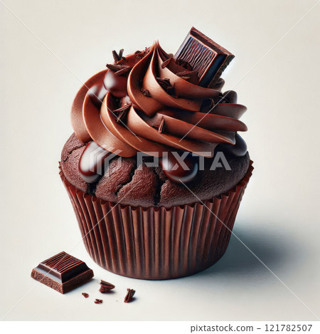 Chocolate muffin on a wooden stand covered with white paper Chocolate muffin on a wooden stand covered with white paper 121782507