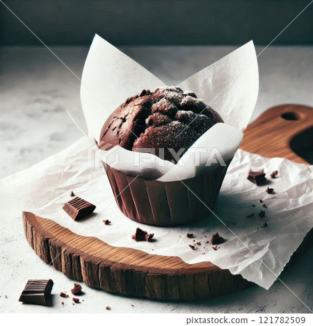 Chocolate muffin on a wooden stand covered with white paper Chocolate muffin on a wooden stand covered with white paper 121782509