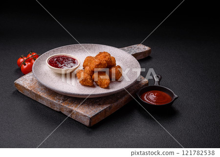 Brie cheese or camembert fries in breading, fast food, takeaway 121782538