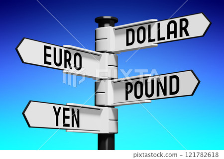 Dollar, Euro, Pound, Yen - signpost - 3D illustration Dollar, Euro, Pound, Yen - signpost - 3D illustration 121782618
