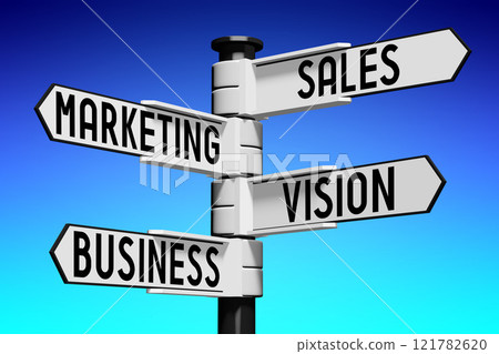 Sales, marketing, vision, business - signpost - 3D illustration 121782620