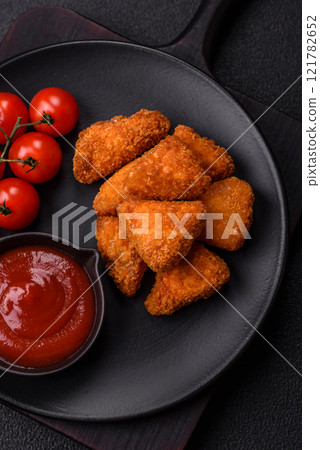 Brie cheese or camembert fries in breading, fast food, takeaway 121782652