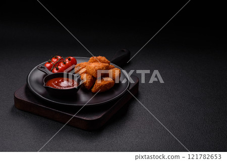 Brie cheese or camembert fries in breading, fast food, takeaway 121782653