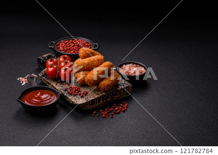 Delicious crispy cheese sticks with mozzarella, salt and spices 121782784