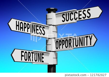 Success, happiness, opportunity, fortune - signpost - 3D illustration 121782827