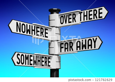 Over there, nowhere, far away, somewhere - signpost - 3D illustration Over there, nowhere, far away, somewhere - signpost - 3D illustration 121782829