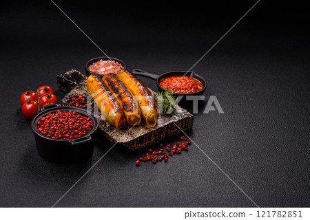 Chicken or pork sausages with salt, spices and herbs Chicken or pork sausages with salt, spices and herbs 121782851