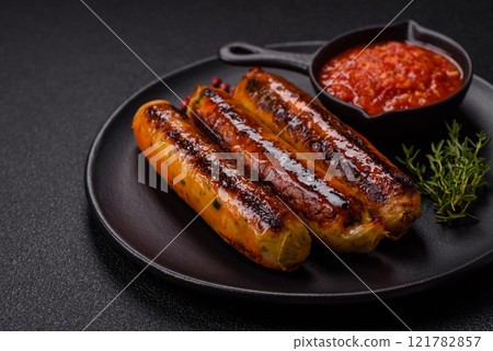 Chicken or pork sausages with salt, spices and herbs Chicken or pork sausages with salt, spices and herbs 121782857