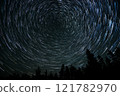 Star trails create mesmerizing circular patterns over a forest at night in a remote location 121782970