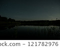 Night sky reflecting on tranquil waters surrounded by forest in a peaceful natural setting 121782976
