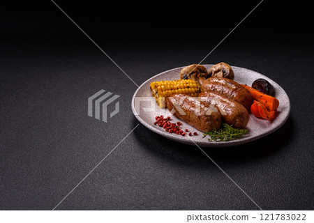 Chicken or pork sausages with salt, spices and herbs 121783022