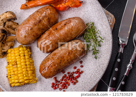 Chicken or pork sausages with salt, spices and herbs Chicken or pork sausages with salt, spices and herbs 121783029