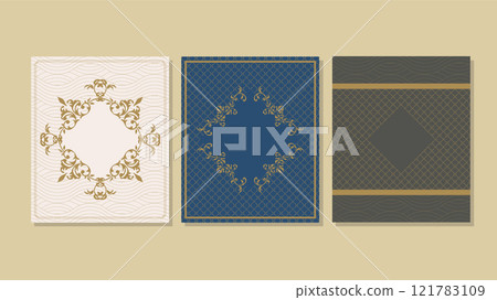 Book cover template with golden pattern simple vector lines seamless texture on white, blue and brown background. Book cover template with golden pattern simple vector lines seamless texture on white, blue and brown background. 121783109