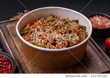Buckwheat noodles with vegetables, salt and spices 121783191