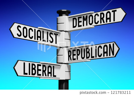 Democrat, socialist, republican, liberal - signpost - 3D illustration Democrat, socialist, republican, liberal - signpost - 3D illustration 121783211