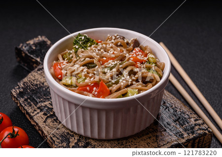Buckwheat noodles with vegetables, salt and spices 121783220