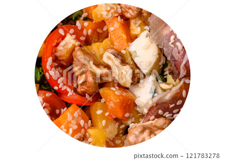 Appetizing salad with prosciutto, pumpkin, cheese and tomatoes Appetizing salad with prosciutto, pumpkin, cheese and tomatoes 121783278