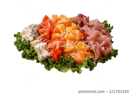 Appetizing salad with prosciutto, pumpkin, cheese and tomatoes Appetizing salad with prosciutto, pumpkin, cheese and tomatoes 121783280
