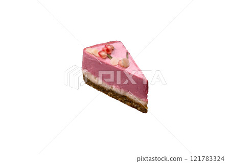 Piece of sweet cheesecake with pink cream cheese of raspberry or strawberry flavor 121783324