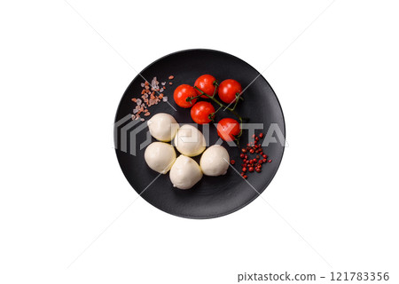 Delicious fresh mozzarella cheese with tomatoes, salt and spices Delicious fresh mozzarella cheese with tomatoes, salt and spices 121783356