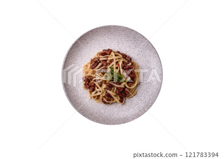 Rice noodles with beans, meat, tomato sauce, spices and herbs 121783394
