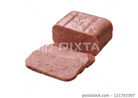 Delicious canned pink spiced ham or spam with salt, spices and herbs Delicious canned pink spiced ham or spam with salt, spices and herbs 121783397