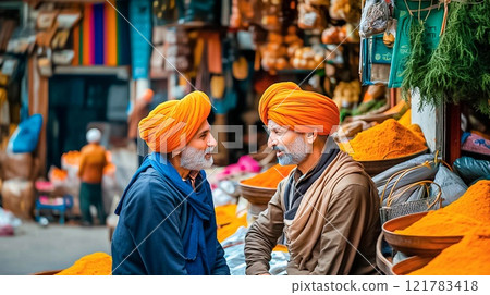 Indian men wearing turbans, engaged in animated conversation and discussion Indian men wearing turbans, engaged in animated conversation and discussion 121783418