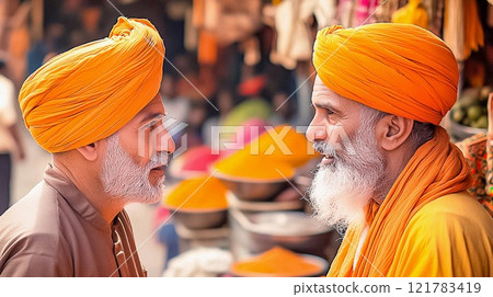 Indian men wearing turbans, engaged in animated conversation and discussion Indian men wearing turbans, engaged in animated conversation and discussion 121783419