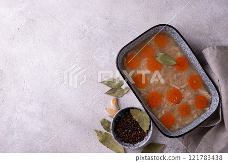 Aspic with chicken meat and carrot Aspic with chicken meat and carrot 121783438