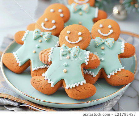 Gingerbread man cookies, decorated with icing and bow ties 121783455