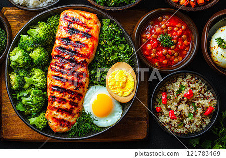 A variety of healthy foods and vitamin-rich, low-calorie foods 121783469