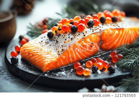 Christmas composition with baked fish fillet. Traditional food concept Christmas composition with baked fish fillet. Traditional food concept 121783503