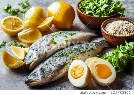 Raw Fish served with Herbs and Lemon and olive oil. 121783505