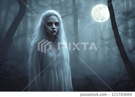 一位穿著白色洋裝的漂亮女人站在森林裡的插圖 121783669