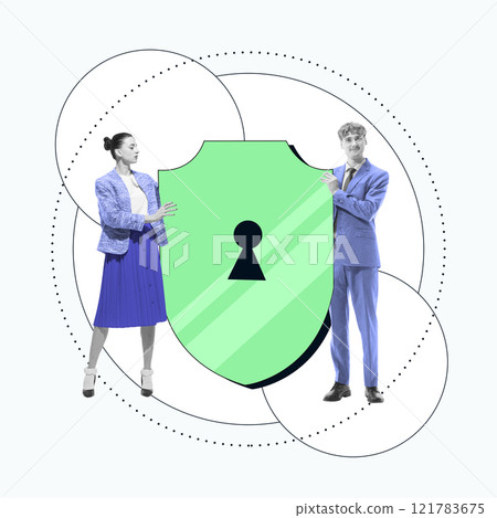 Man and woman standing on either side of green shield with a keyhole, symbolizing the collaborative nature of insurance. Conceptual design. 121783675