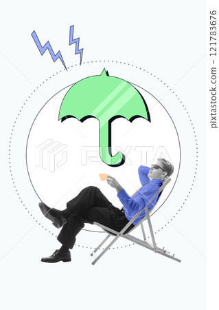Man in deck chair under green umbrella with lightning symbols, representing peace of mind provided by insurance. Conceptual design. Man in deck chair under green umbrella with lightning symbols, representing peace of mind provided by insurance. Conceptual design. 121783676