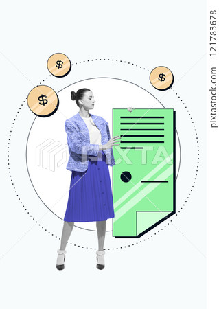 Woman in a business outfit holding green insurance document surrounded by dollar coins, symbolizing financial protection through insurance. Conceptual design. 121783678