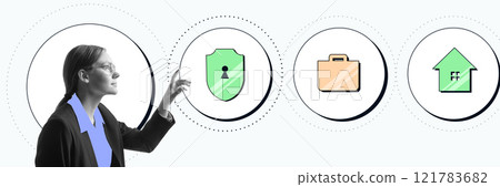 Businesswoman pointing at icons of shield, briefcase, and home, symbolizing the exploration of diverse insurance solutions. Conceptual design. 121783682