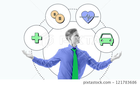 Man in blue shirt and green tie presenting icons of health, car, and financial security, symbolizing diverse insurance services. Conceptual design. Man in blue shirt and green tie presenting icons of health, car, and financial security, symbolizing diverse insurance services. Conceptual design. 121783686