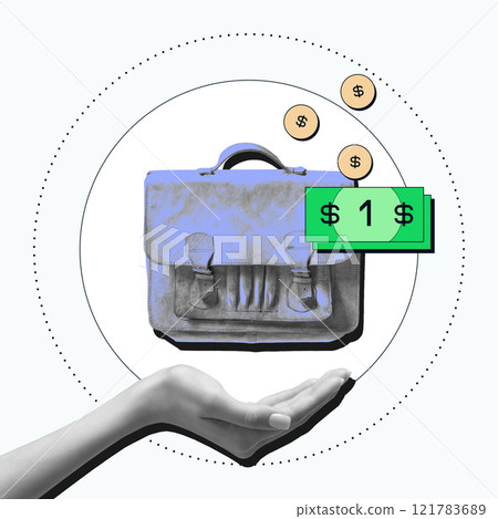 Hand holding briefcase with dollar signs and green bills, symbolizing financial security and savings through insurance. Conceptual design. 121783689