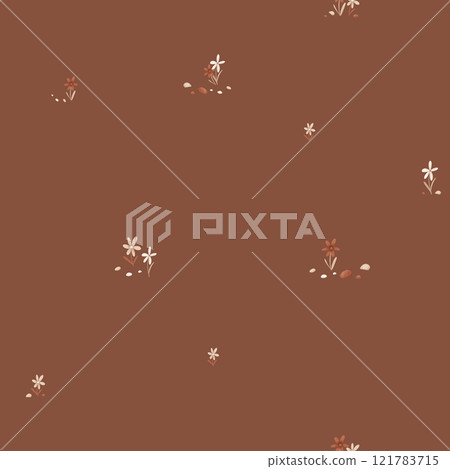 Seamless pattern with cute flowers and stones in minimalist scandinavian style. Cartoon botanical for children's design . Hand drawn illustration of beige and maroon herbs. 121783715