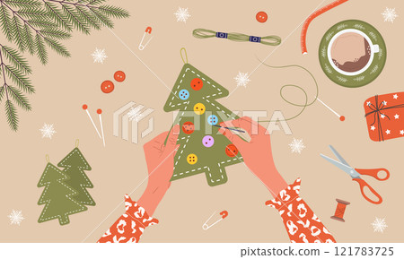 Felt Christmas Tree. Girl create Christmas tree from fabric, green threads, jute. Top view on workplace. Process of handmade toys. DIY holiday decorations. Vector illustration in flat cartoon style Felt Christmas Tree. Girl create Christmas tree from fabric, green threads, jute. Top view on workplace. Process of handmade toys. DIY holiday decorations. Vector illustration in flat cartoon style 121783725