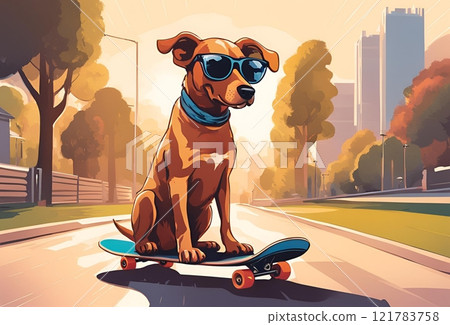 Illustration of a dog riding a skateboard 121783758
