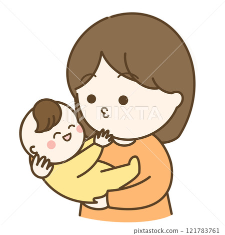 一位留著鮑伯發的母親和一個大笑的嬰兒的插圖 121783761
