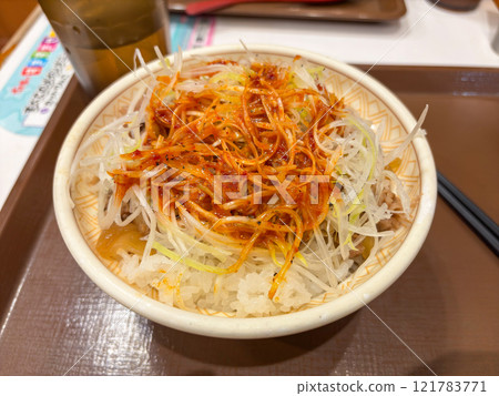辣白髮蔥牛肉碗特寫 辣白髮蔥牛肉碗特寫 121783771