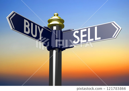 Buy or sell - signpost with two arrows - 3D illustration Buy or sell - signpost with two arrows - 3D illustration 121783866