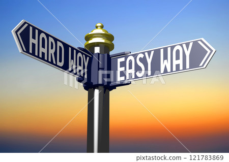Easy or hard way - signpost with two arrows - 3D illustration 121783869