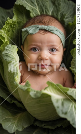 A smiling baby in a green cabbage head 121783908