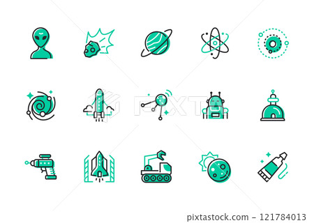 Space and planetary exploration - set of line design style icons 121784013