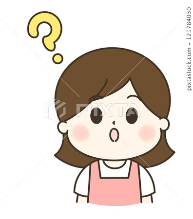 A cute, relaxed illustration of the upper body of a woman in an apron with a question mark 121784030